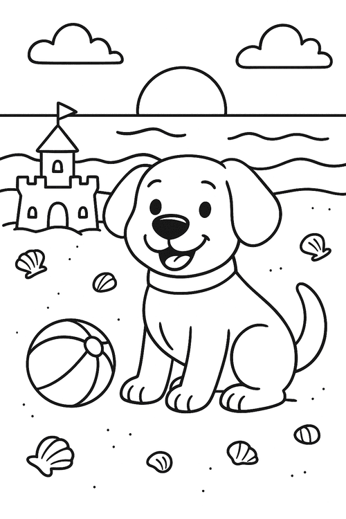 Malvorlage Hund am Strand – fröhlicher Hund am Meer mit Ball und Sandburg, kindgerecht gezeichnet