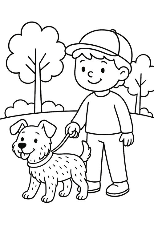 Ausmalbild Hund an der Leine mit Kind zum Ausdrucken
