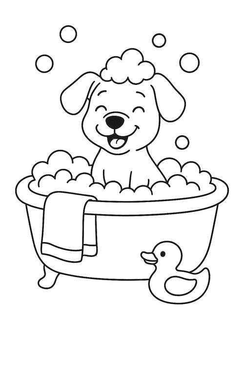 Ausmalbild Hund beim Baden in der Badewanne mit Schaum und Seifenblasen