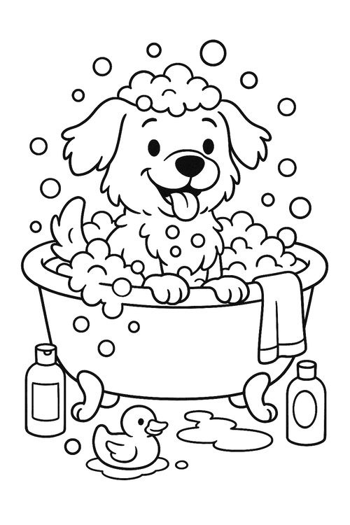 Ausmalbild: Hund beim Baden in der Badewanne, mit Seifenblasen und Badzubehör, viele Details zum Ausmalen