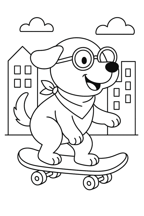 Ausmalbild: Hund fährt Skateboard, detailreiche Malvorlage mit lustigem Motiv