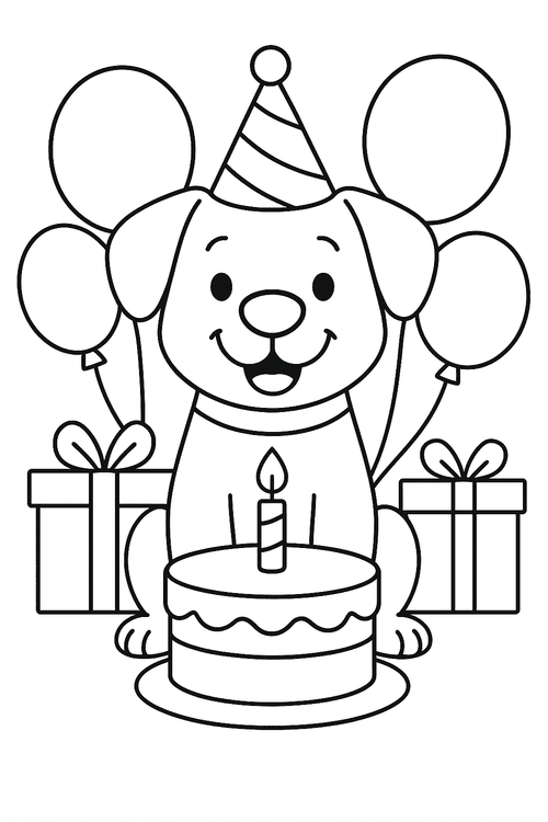 Hund feiert Geburtstag Ausmalbild – Hund mit Partyhut, Torte, Luftballons und Geschenken