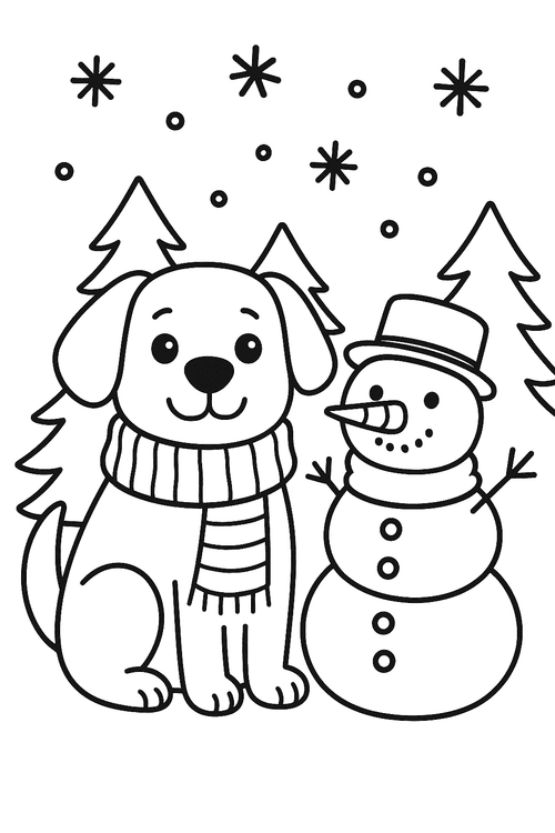 Ausmalbild eines Hundes im Winter mit Schal im Schnee, geeignet als Malvorlage für Kinder.