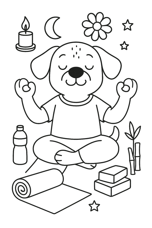 Hund macht Yoga auf einer Matte – Malvorlage zum Ausmalen für Kinder
