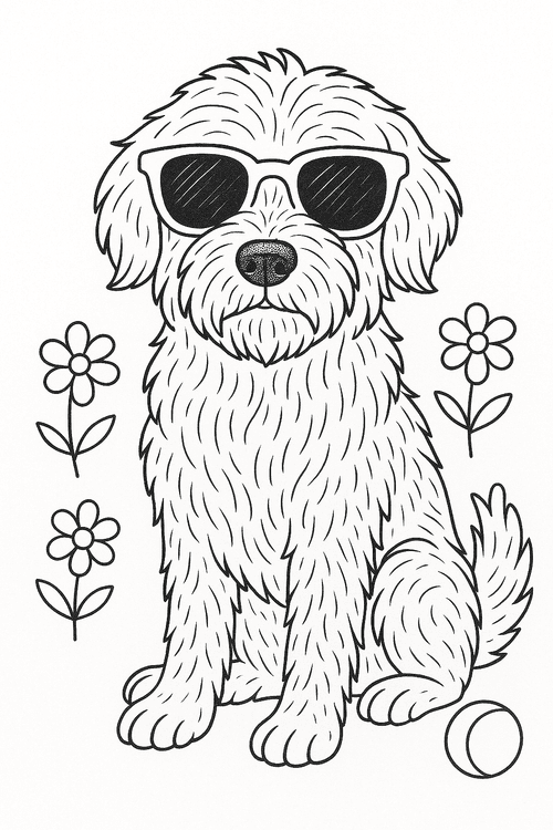 Ausmalbild von einem Hund mit großer Sonnenbrille, detailiert gezeichnet