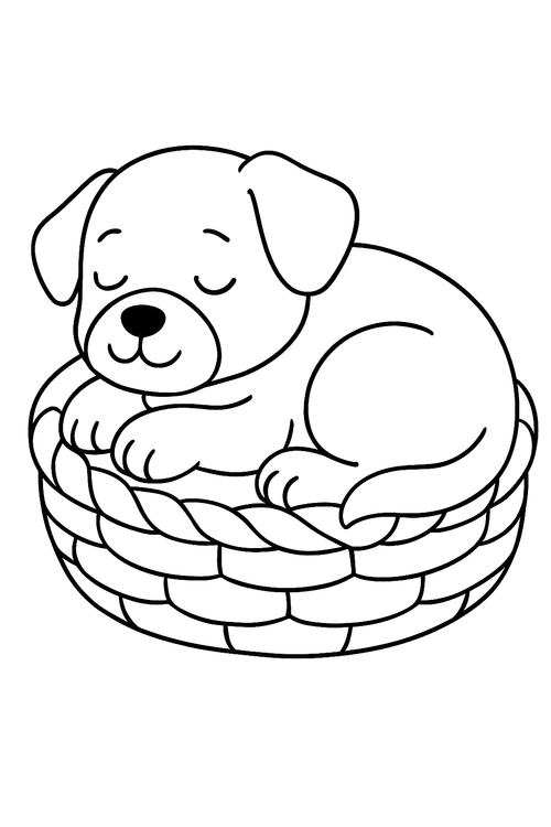 Ausmalbild Hund sitzt im Körbchen – Malvorlage für Kinder