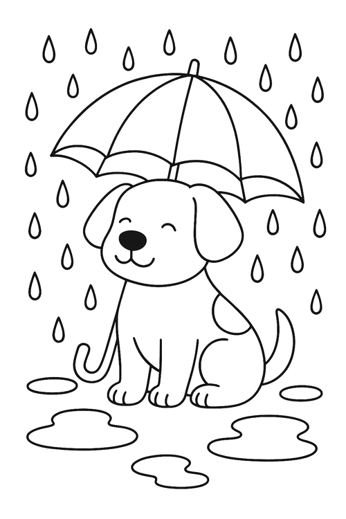 Ausmalbild Hund unter einem Regenschirm im Regen, einfach und kinderfreundlich gezeichnet