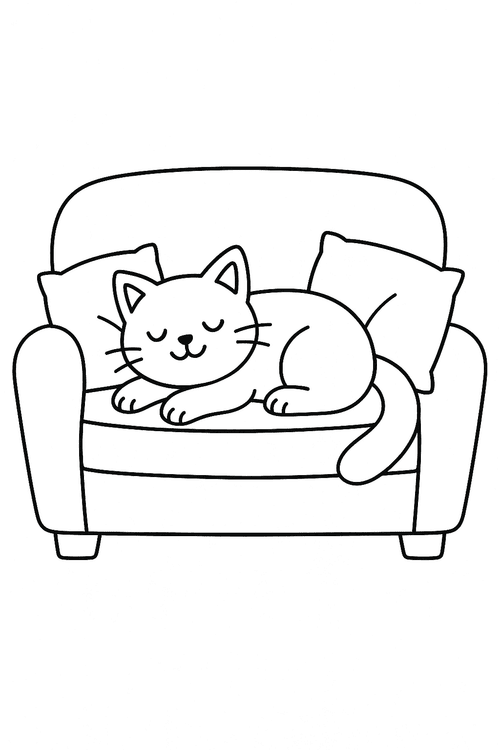 Malvorlage einer niedlichen Katze, die entspannt auf einem Sofa liegt – Ausmalbild für Kinder