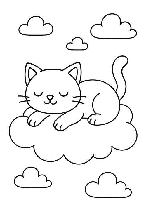 Ausmalbild einer süßen Katze, die entspannt auf einer Wolke liegt