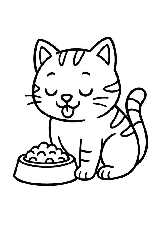 Ausmalbild einer Katze beim Fressen aus einem Napf – Malvorlage, einfach und kinderfreundlich gezeichnet