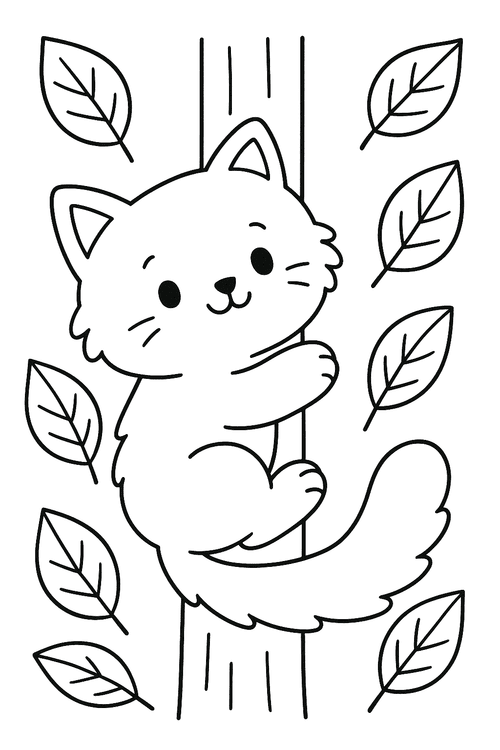Ausmalbild: Katze klettert auf einen Baum – einfache Malvorlage für Kinder