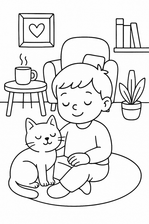 Malvorlage: Ein Kind sitzt und kuschelt mit einer Katze in gemütlicher Atmosphäre