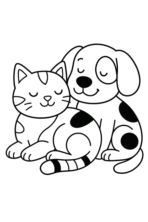 Ausmalbild: Katze kuschelt mit Hund – freundschaftliche Tiere zum Ausmalen
