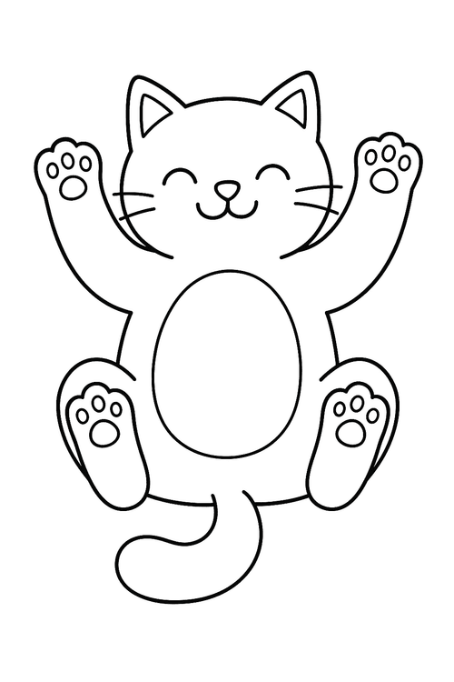 Ausmalbild: Katze liegt auf dem Rücken, freundlich und entspannt, mit hochgestreckten Pfoten.