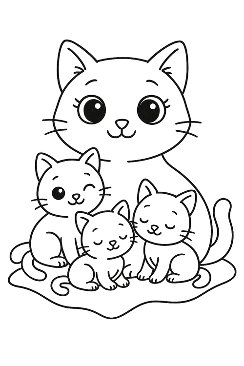 Ausmalbild Katze mit Babykatzen zum Ausmalen