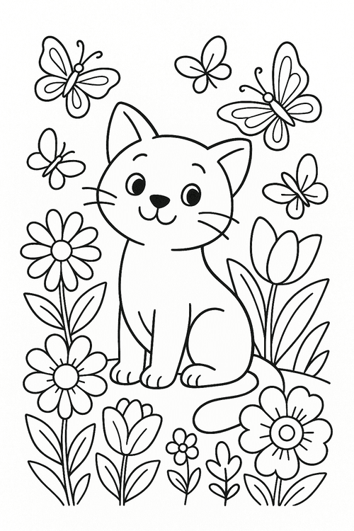 Malvorlage einer Katze zwischen Blumen und Schmetterlingen