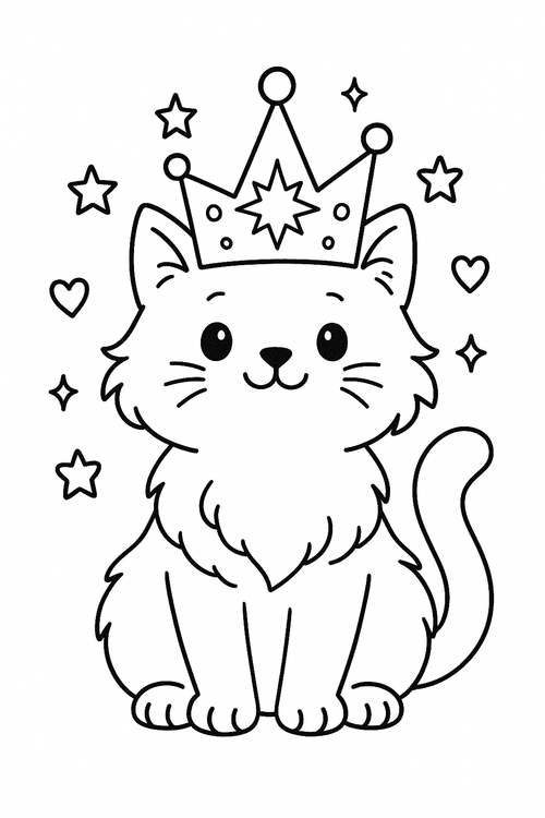Ausmalbild einer süßen Katze mit großer Krone, ideal für Kinder zum Ausmalen.