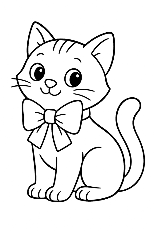 Ausmalbild einer sitzenden Katze mit Schleife oder Halsband am Hals, klar umrissene Linien, kindgerecht gestaltet.