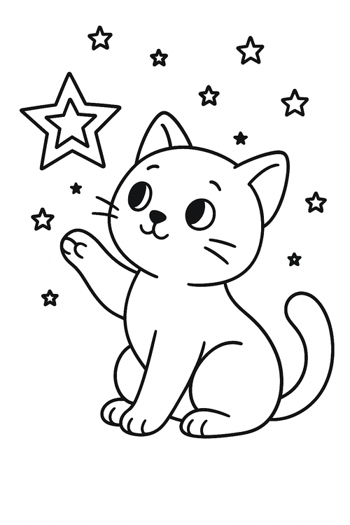 Malvorlage: Katze berührt mit der Pfote einen großen Stern, Comicstil