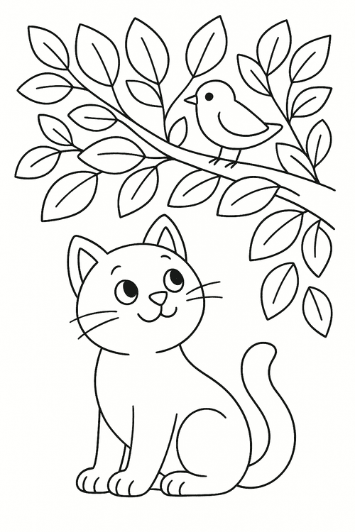 Ausmalbild: Katze sitzt unter einem Ast und schaut neugierig zu einem Vogel, der auf dem Ast sitzt