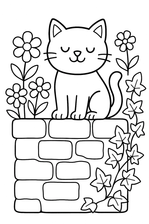 Ausmalbild einer kleinen Katze, die auf einer Mauer sitzt