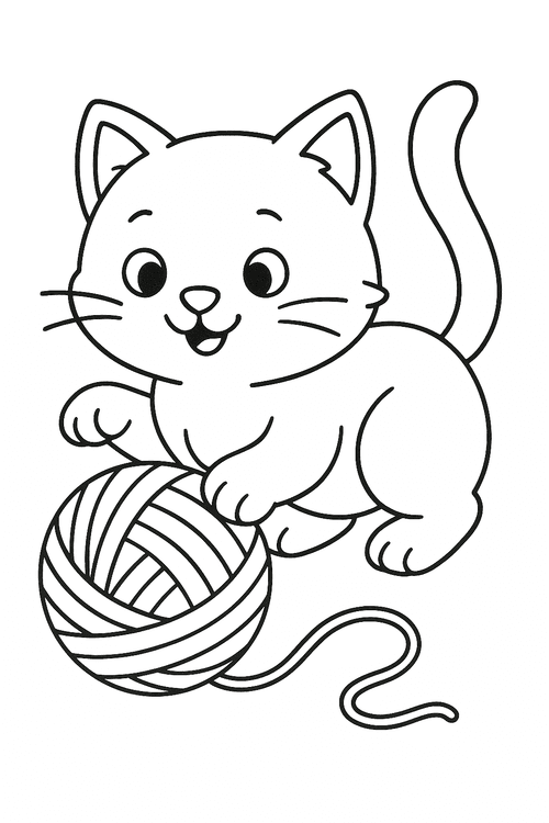 Ausmalbild: Katze spielt mit Wollknäuel, Malvorlage für Kinder, einfache Linienzeichnung