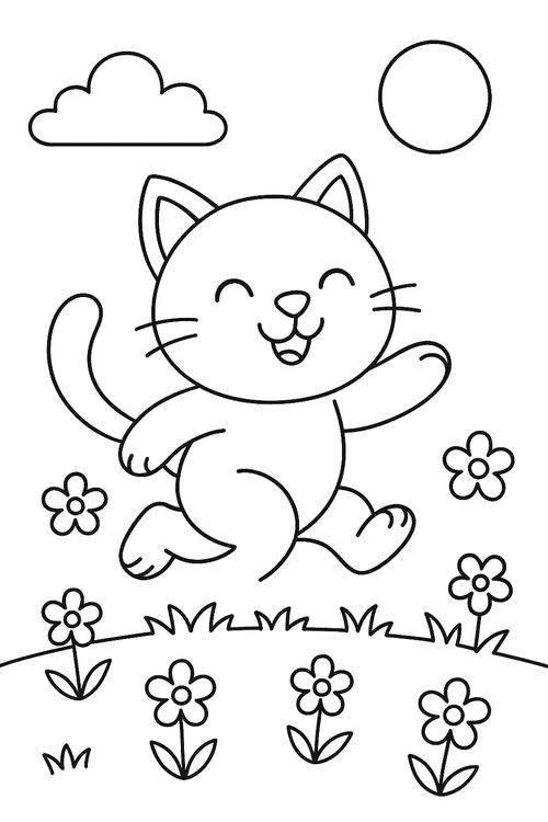 Malvorlage einer fröhlich springenden Katze auf einer Wiese mit Blumen