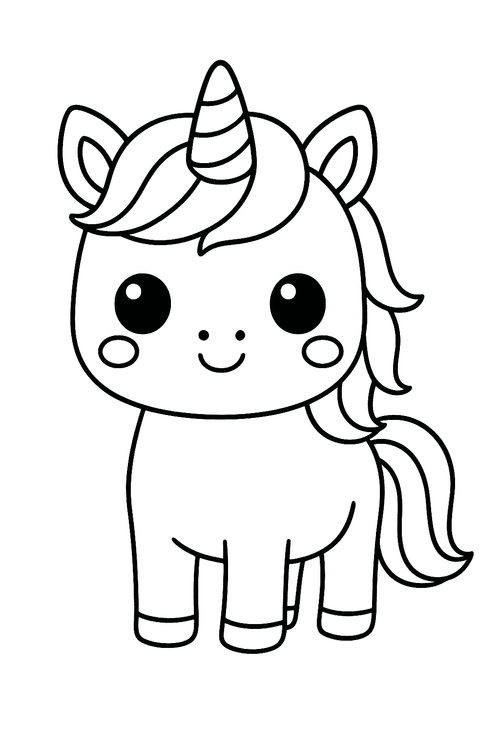 Kawaii-Einhorn Ausmalbild für Kinder – niedliches Cartoon-Einhorn mit großen Augen und flauschiger Mähne