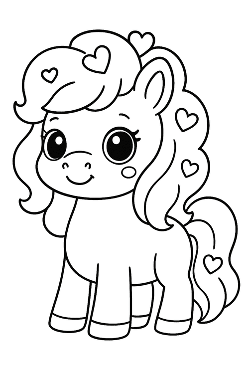 Kawaii Pony Ausmalbild zum Ausmalen – niedliches Pony mit Herzchen-Mähne