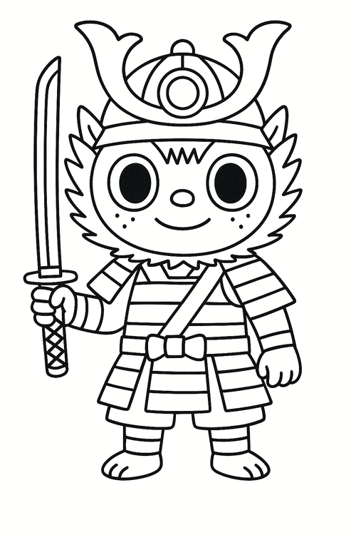 Ausmalbild: Labubu als Samurai mit Schwert für Kinder