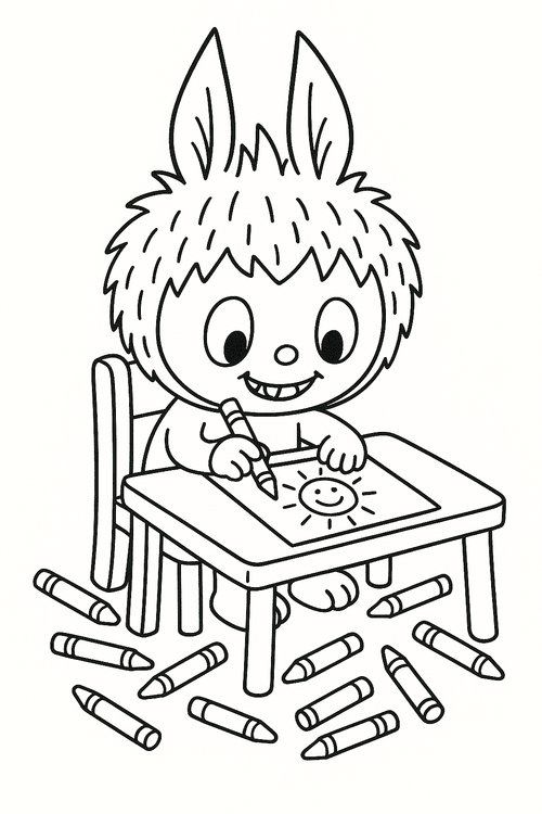 Labubu sitzt am Tisch und malt ein Bild, umgeben von Buntstiften als Ausmalbild für Kinder.