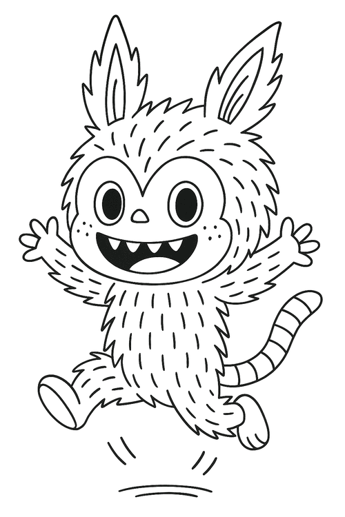 Ausmalbild Labubu mit viel Energie springend, Comic-Stil, kinderfreundlich