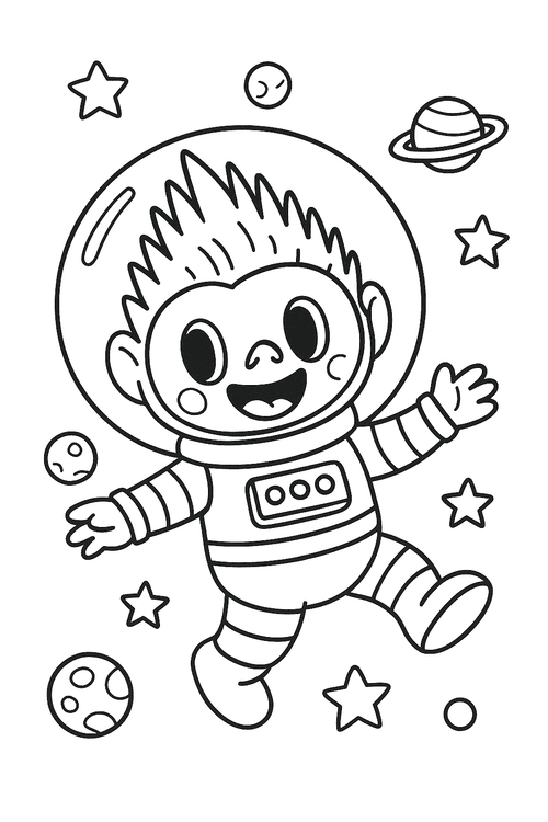 Labubu als Astronaut im Weltall – Ausmalbild mit Sternen und Planeten als Malvorlage