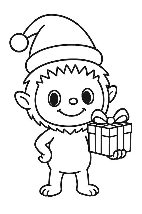 Labubu im Weihnachtskostüm mit Mütze, hält ein Geschenk, zum Ausmalen für Kinder