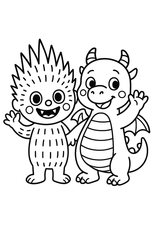 Ausmalbild Labubu mit freundlichem Drachen, beide winken, Comicstil, für Kinder