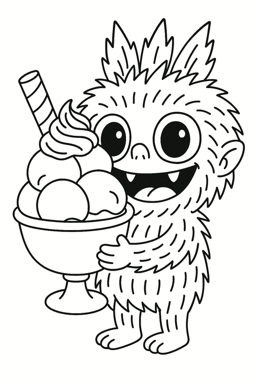 Labubu mit einem großen Eisbecher, Ausmalbild für Kinder, einfache Malvorlage, comicartiger Stil