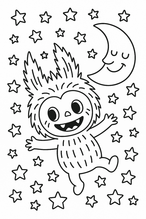 Labubu schwebt in einer Nacht voller Sterne mit einem lachenden Mond – Ausmalbild als Malvorlage für Kinder