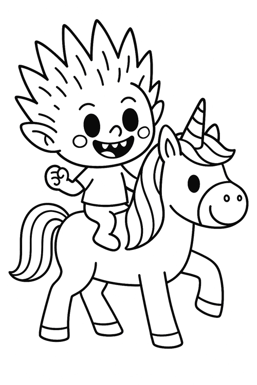 Labubu reitet lachend auf einem Einhorn, Comic-Stil, Ausmalbild