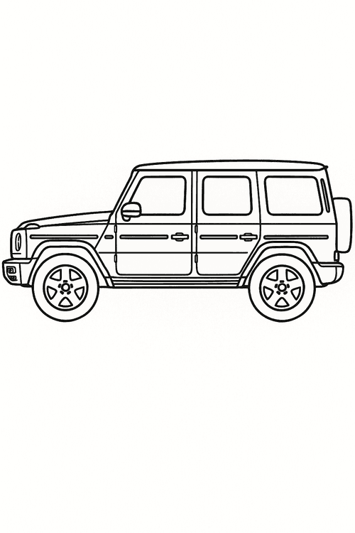 Ausmalbild eines Mercedes G Klasse Geländewagens – kinderfreundliche Malvorlage zum Ausmalen