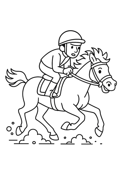 Rennpferd mit Reiter im Galopp auf einer Rennbahn – Ausmalbild für Kinder
