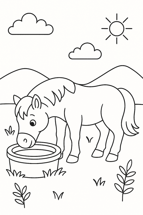 Ausmalbild Pferd beim Fressen an der Tränke – Malvorlage für Kinder