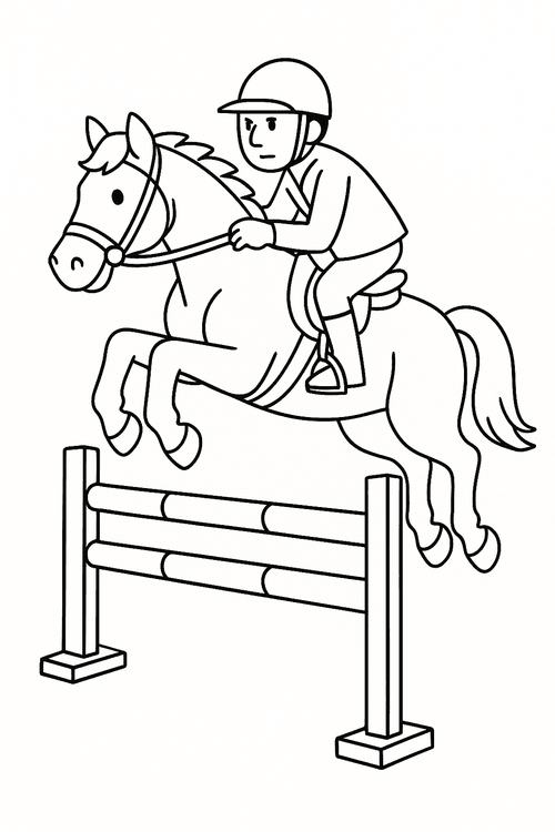 Ausmalbild: Pferd beim Springreiten, motivierendes Springreiten Malvorlage für Kinder