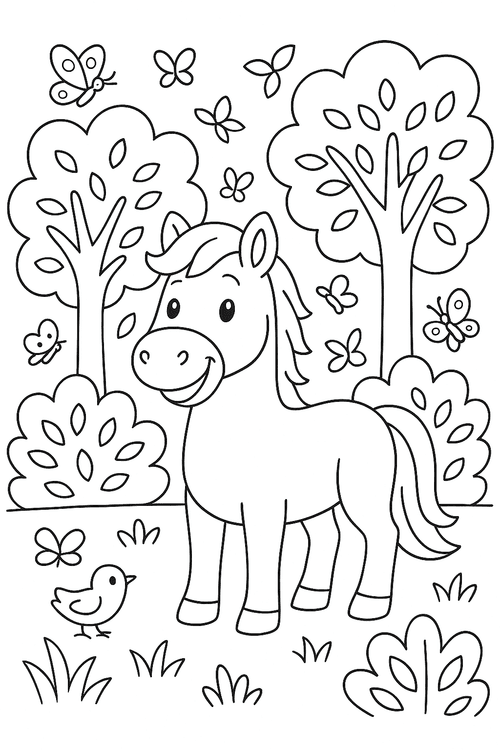 Malvorlage: Pferd steht auf einer Waldlichtung mit Bäumen und Schmetterlingen, detailliertes Ausmalbild für Kinder