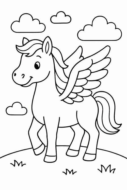 Malvorlage mit einem freundlichen Pegasus-Pferd mit großen Flügeln zum Ausmalen für Kinder