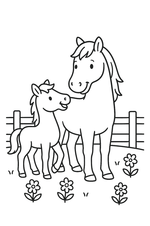 Malvorlage: Pferd mit Fohlen auf einer Koppel für Kinder zum Ausmalen