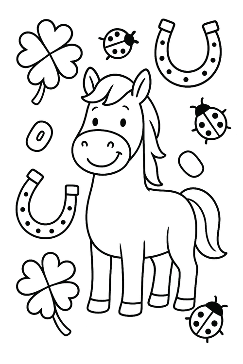 Malvorlage mit Pferd, Hufeisen und Glückssymbolen zum Ausmalen für Kinder