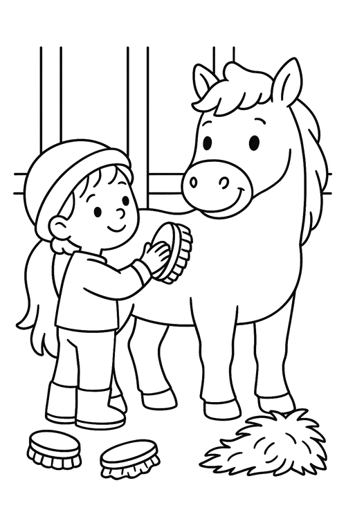 Kind striegelt ein Pferd in einem Stall – Ausmalbild für Kinder