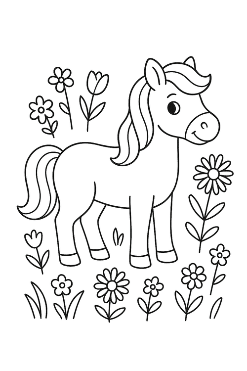Malvorlage: Pony steht auf einer Blumenwiese, umgeben von Blumen – einfaches Motiv für Kinder.