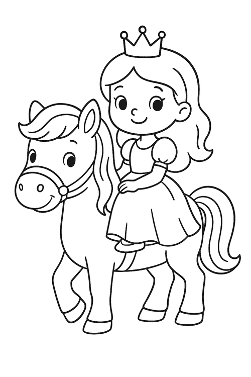 Ausmalbild Pony mit Prinzessin als einfache Malvorlage für Kinder
