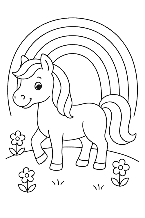 Ausmalbild: Pony mit Regenbogen im Hintergrund, kindgerecht gezeichnet